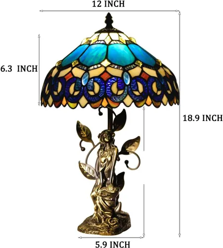 Miniatura 8 de Tiffany - Lámpara de mesa con vitrales, 12 x 12 x 18.5 pulgadas, escultura de resina, luz de lectura antigua (joyería azul barroco) Escultura