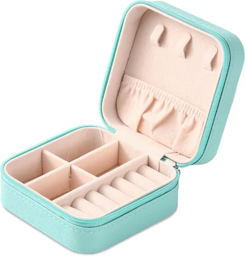 Miniatura 4 de Mini caja de joyería portátil de viaje de cuero organizador de anillos de joyería caja de regalo para niñas y mujeres 2 piezas azul