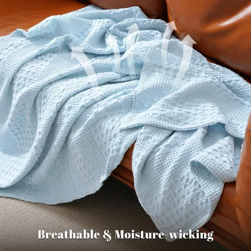 Miniatura 3 de PHF - Manta de punto gofre 100% algodón individual, suave, ligera, transpirable, acogedora, de verano, para cama, tejida, estética, decoración