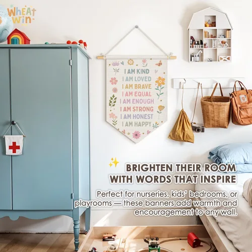 Miniatura 3 de Wheatwin Decoración de pared de afirmaciones positivas, decoración de guardería para niñas, estampado floral pastel para colgar en la pared, bandera