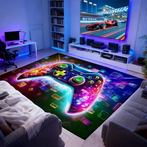 Miniatura 17 de Alfombra de área de juegos neón de 3 x 5 pies para habitación de niños, alfombra colorida de control de juegos para decoración de habitación