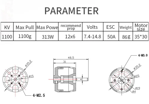 Miniatura 7 de DIAMONDDYNAMICS Hobbyhh - Motor sin escobillas, 3530 1100kv de metal duradero, motor sin escobillas de alta eficiencia, compatible con bricolaje RC