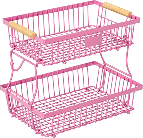 Miniatura 8 de Cesta de frutas de 2 niveles para encimera de cocina con 2 ganchos para plátanos, cesta de pan de metal para encimera con mango de madera, soporte