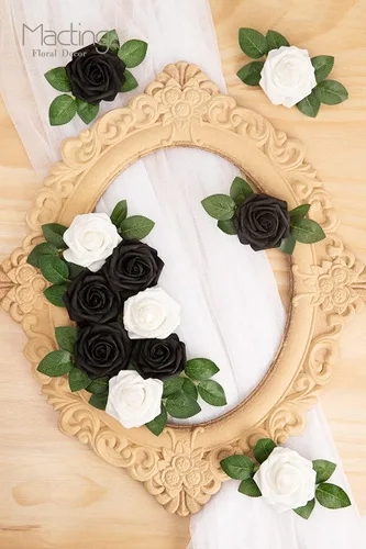 Miniatura 6 de MACTING 30 PCS Flores Artificiales Rosas Negras y Blancas Flores Falsas con Tallo Rosas de Espuma de Tacto Real para Boda Bola de Besos Ramillete