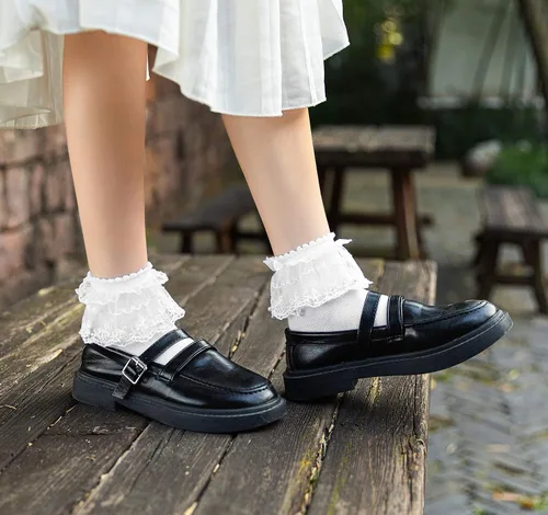 Miniatura 4 de SEMOHOLLI Calcetines de tobillo para mujer, con volantes de encaje con perlas, cómodos, no visibles, de algodón, calcetines de princesa, calcetines
