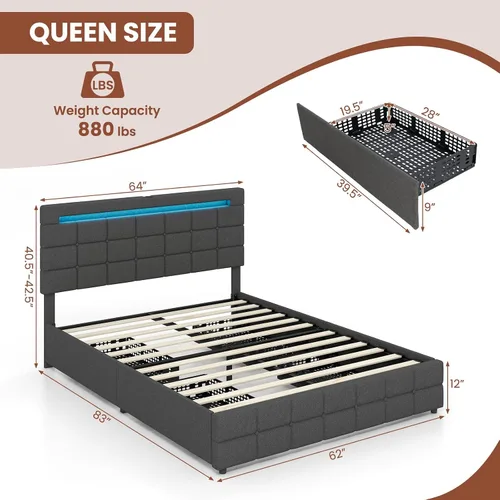 Miniatura 2 de Giantex Base de cama individual con luces LED y 4 cajones, base de cama de plataforma tapizada con puertos USB, diseño de cabecera ajustable