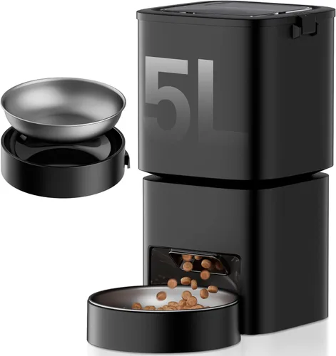 Comedero automático para gatos, 5 l/21 tazas, alimentador automático para mascotas, alimentador automático de doble potencia, dispensador de