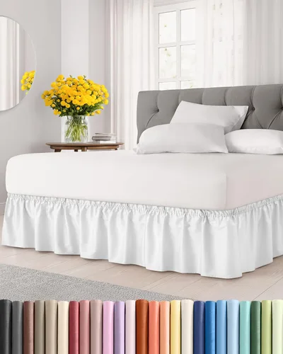 Falda de cama envolvente con volantes, color blanco, para camas de tamaño con altura de 53 cm CGK Linens - Falda de cama plisada con tela cepillada,