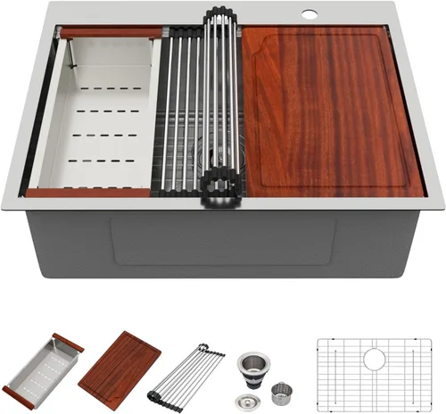 Miniatura 26 de Fregadero de cocina para exteriores, 21 x 20 pulgadas, fregadero de barra para exteriores, fregaderos de cocina de acero inoxidable de montaje