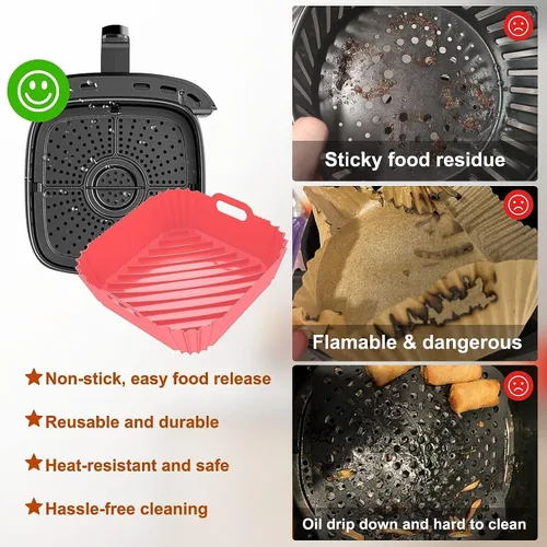 Miniatura 6 de Paquete de 2 forros de silicona reutilizables para freidora de aire de 7.1 pulgadas, forros cuadrados para freidora de aire de 4 a 7 cuartos