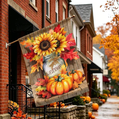 Miniatura 2 de Fall Garden Flags Thanksgiving Sunflower Pumpkin Printing House Flag Welcome Autumn Maple Leaves Yard Flags for Outside Mason Jar Pattern Floral