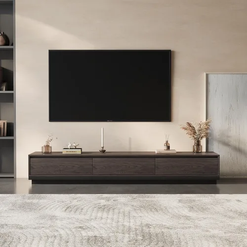 Miniatura 9 de Soporte de TV extensible moderno Mid-Century con 3 cajones, centro de entretenimiento ajustable para sala de estar y dormitorio (79 a 130 pulgadas)