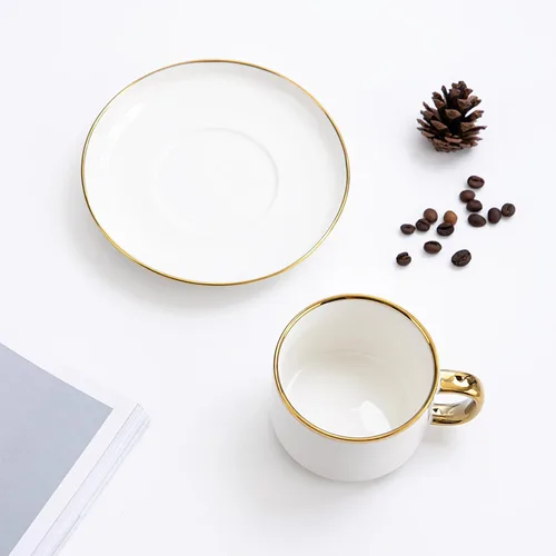 Miniatura 8 de Agyiuns Tazas de té y platillos con borde dorado, juego de té de porcelana blanca de 6.76 onzas y tazas de café para latte, café moca, juego de té
