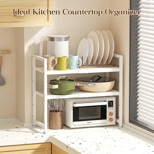 Miniatura 7 de Estante de almacenamiento de cocina expandible de 2 niveles, estantería de metal resistente de 150 libras para electrodomésticos pequeños, estantes