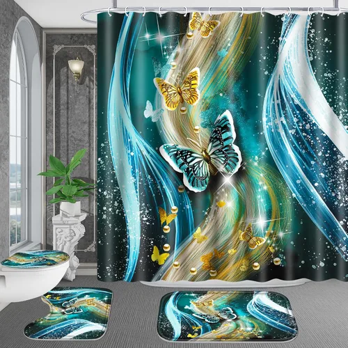 Miniatura 9 de Poedist - Juego de cortinas de ducha para baño, 4 piezas, estampado de leopardo rosa, estilo brillante, incluye cortinas de ducha y tapetes