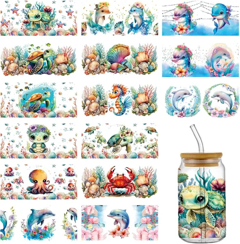 Miniatura 8 de YOKUSHI Envolturas de vasos UV DTF para 16 onzas, 15 hojas de calcomanías temáticas lindas calcomanías de transferencia para vasos de vidrio