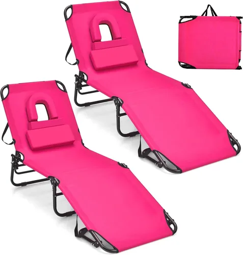 Miniatura 9 de GYMAX Silla de bronceado, silla de playa de 350 libras con agujero para la cara, almohada lavable y correa de transporte, tumbona plegable