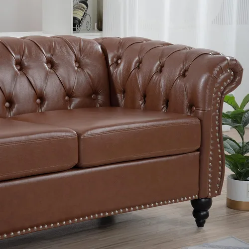 Miniatura 8 de Chesterfield - Sofá tapizado de piel sintética, con respaldo copetudo, sofá clásico de cuero de 3 plazas, brazo enrollado para sala de estar, Marrón