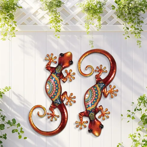 Miniatura 4 de LIFFY Arte Decorativo de Pared de Metal con Lagarto - Paquete de 2 Decoraciones de Pared de Metal de 15 Pulgadas, Escultura Colgante de Vidrio