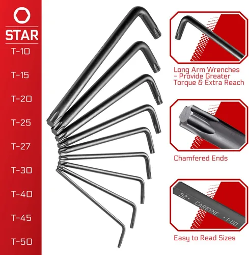 Miniatura 3 de Carbyne Juego de llaves Torx de brazo largo de 9 piezas (juego de llaves torx/juego de llaves estrella). Incluye T-10 a T-50. Acero S2 tratado
