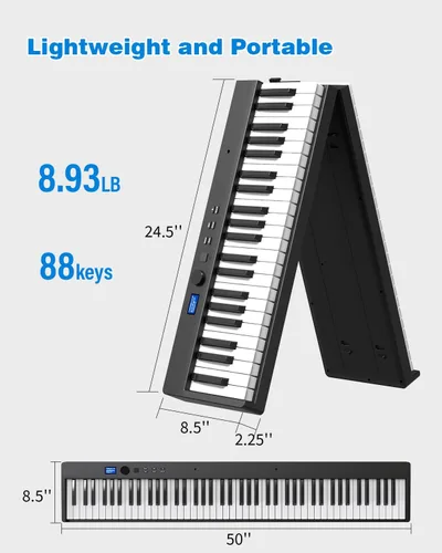 Miniatura 6 de Teclado de piano plegable de 88 teclas, teclado de piano portátil con tecla semipesada estándar, piano plegable con soporte Bluetooth/MIDI con Negro