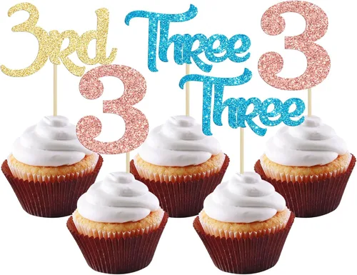 24 piezas de adornos para cupcakes de tercer cumpleaños, adornos para cupcakes de tercer cumpleaños con purpurina, tres adornos para cupcakes para