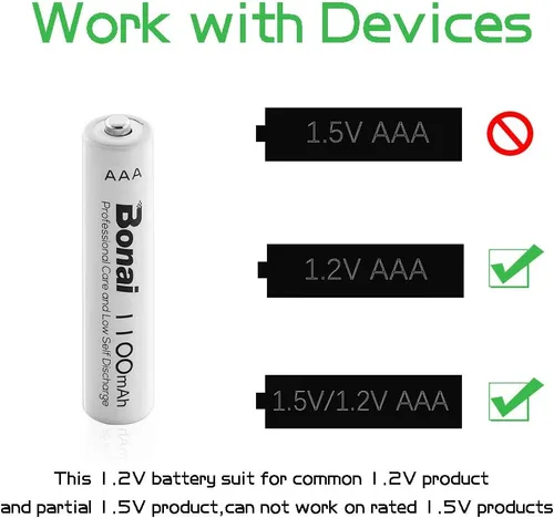 Miniatura 5 de Bonai, baterías recargables AAA 1100 mAh Ni-MH de alta capacidad, Paquete de 8