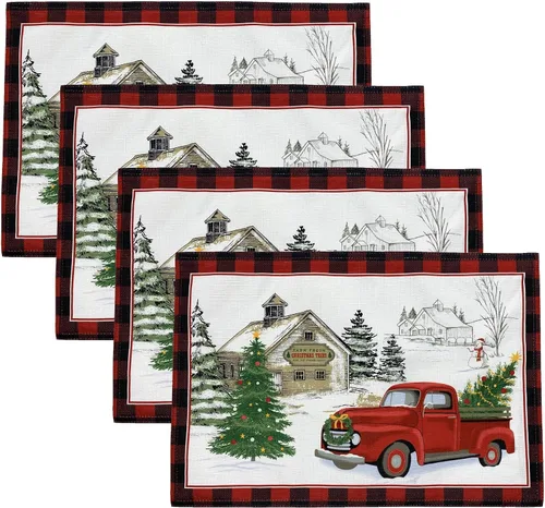 Elrene Home Fashions - Juego de 4 manteles individuales de tela vintage para árbol de Navidad, 13 x 19 pulgadas