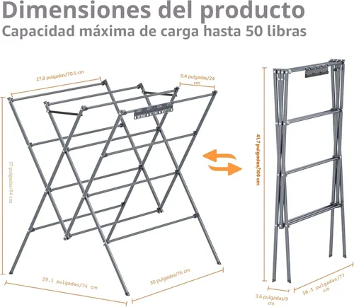 Miniatura 3 de HOMIDEC Tendedero de secado de ropa, 12 postes de secado grandes con clips para calcetines, estante de secado de ropa, plegable, portátil, para Plata
