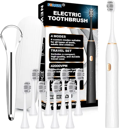 Miniatura 10 de FXQQZZ Cepillo de dientes eléctrico para adultos y niños, con raspador de lengua y estuche de viaje, 8 cabezales de cepillo, temporizador