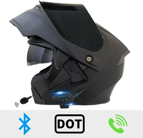 Miniatura 2 de Casco modular Bluetooth para motocicleta, aprobado por DOT, de cara completa con visor abatible, de doble visera, con altavoces duales y micrófono