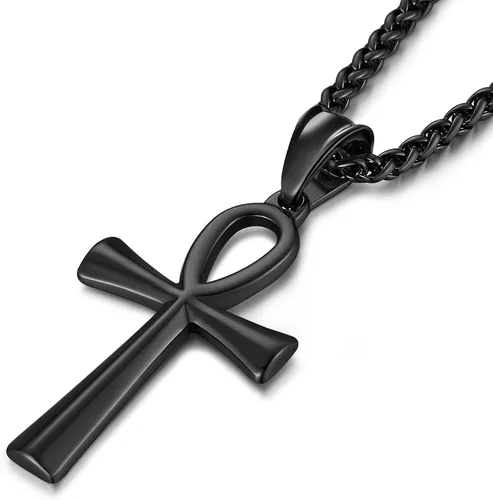 Collar con colgante de cruz de Ankh copta egipcia antigua de acero inoxidable para niños, mujeres y hombres, en cadena Rolo de 24 pulgadas,