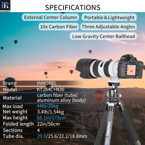 Miniatura 2 de Trípode de viaje profesional KT284C de fibra de carbono para cámara DSLR, soporte resistente con tubo de 1.1 pulgadas/1.142 in, centro de gravedad