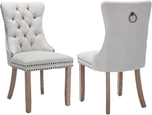 Miniatura 7 de SoarFlash Juego de 2 sillas de comedor de tela de lino, sillas de comedor tapizadas con ribete de cabeza de clavo y patas de madera de color claro