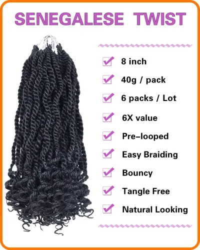 Miniatura 4 de Cabello de ganchillo para niños de 8 pulgadas, cabello de ganchillo para mujeres negras, paquete de 6 paquetes de trenzas senegalesas, extremos