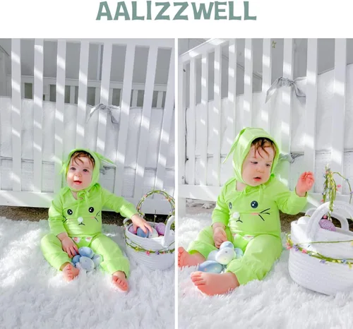 Miniatura 2 de Aalizzwell Mameluco de Pascua para bebés y niñas con sombrero de oreja de conejo