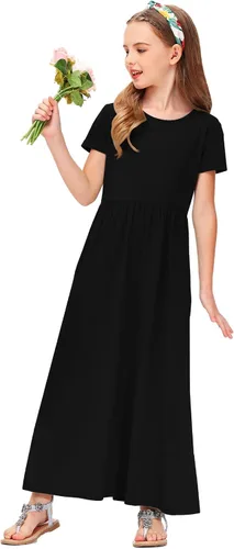 Miniatura 4 de Deerose Vestido largo casual de manga corta para niñas, con bolsillos, de 5 a 14 años