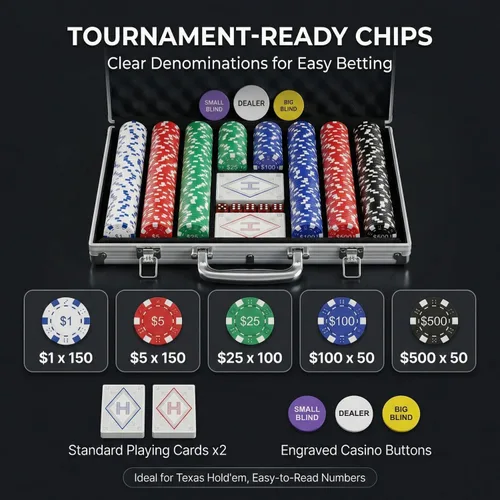 Miniatura 3 de HEITOK Juego de fichas de póquer numeradas de 500 piezas – Fichas de póquer pesadas de grado casino de 0.41 oz con estuche de aluminio, 2 cubiertas