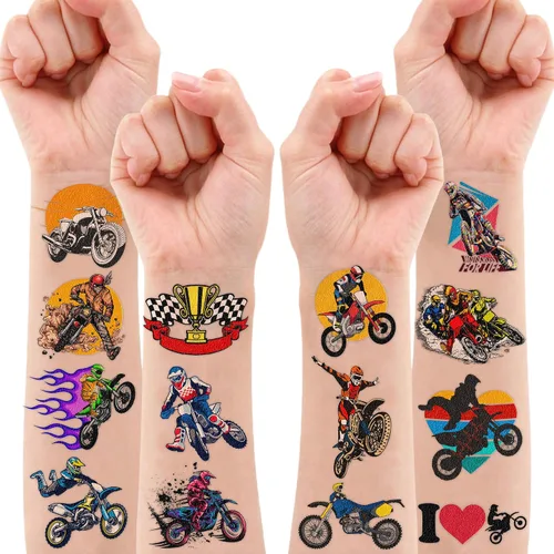 Miniatura 7 de Tatuajes temporales de motocross – 96 piezas (8 hojas) calcomanías de tatuaje falso para niños y niñas Suministros para fiestas de cumpleaños