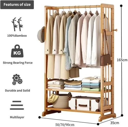 Miniatura 4 de Estante de ropa resistente, estantes de almacenamiento de 2 niveles, estantes de ropa de bambú con barra para colgar, añade espacio en el armario