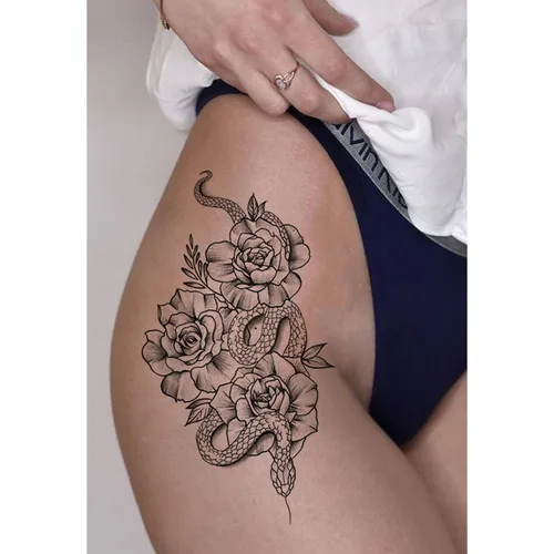 Miniatura 4 de Tazimi Tatuajes temporales de serpiente, 12 hojas 3D negras realistas de serpiente, rosa, tatuajes florales, calcomanías grandes y sexys