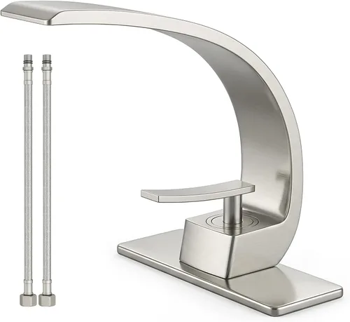 Grifo de lavabo de baño moderno de un solo orificio de 1 manija, grifos de latón macizo de níquel cepillado, grifo mezclador de montaje curvado para