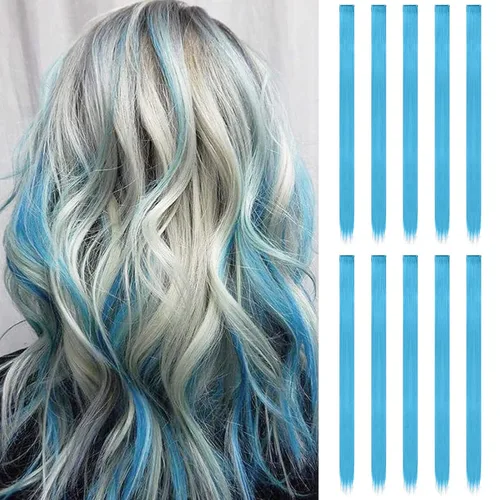 Miniatura 40 de FESHFEN Extensiones de cabello con clip de colores, 16 piezas de 8 colores resaltados, piezas de cabello sintético lacio con clip para mujer, 22