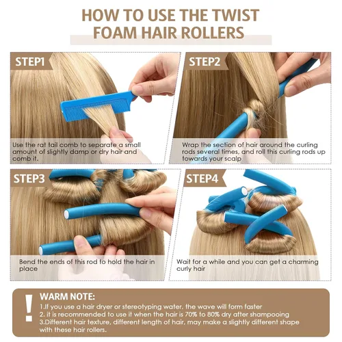 Miniatura 3 de Syhood 30 Piezas Varillas Rizadoras Flexibles Rodillos de Cabello Twist Varillas de Espuma Suave Sin Calor y 1 Pieza Peine Cola de Rata de Acero