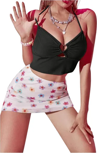 Miniatura 3 de MakeMeChic Top corto acanalado con espalda abierta para mujer