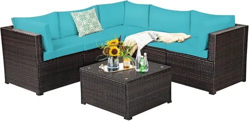 Miniatura 31 de Tangkula Juego de muebles de mimbre de patio de 7 piezas, juego de sofá modular de ratán para 6 personas con cojines de asiento y respaldo, 2 Azul