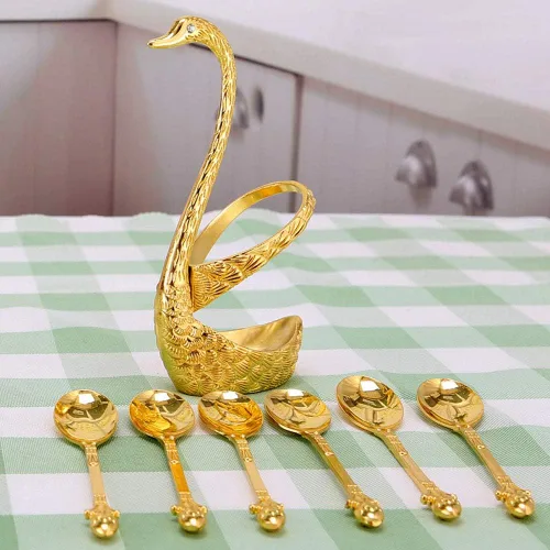 Miniatura 5 de Kit de cuchara de café con soporte en forma de cisne de aleación de zinc y 6 cucharas de café de acero inoxidable, juego de cucharas de comida