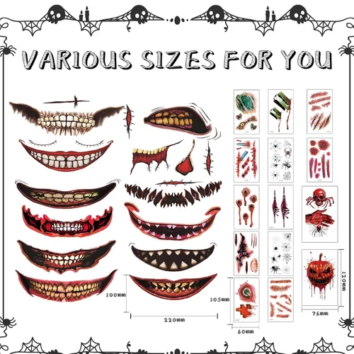 Miniatura 2 de Maquillaje de broma de Halloween, tatuaje temporal, 26 piezas de tatuajes temporales de Halloween para adultos, tatuajes de boca de Halloween