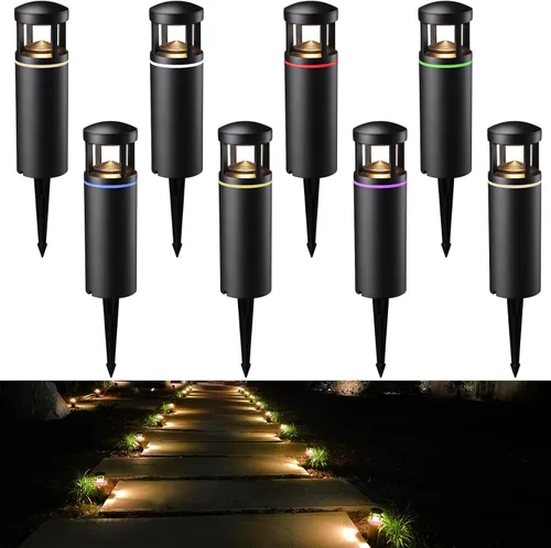 LEONLITE Paquete de 8 luces LED RGB de bajo voltaje, bolardo LED de 12 V AC/DC, iluminación de camino de paisaje de 5 W, impermeable IP65, 7 cambios