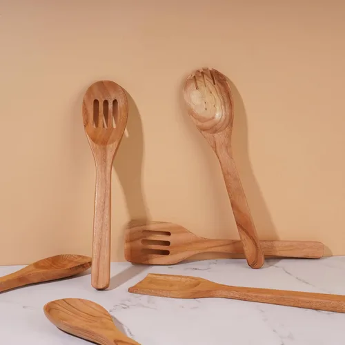 Miniatura 5 de Ajuny Juego de utensilios de cocina de madera, 6 cucharas y espátulas de madera, utensilios de cocina no tóxicos, seguros para sartén antiadherente